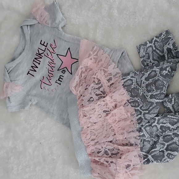 Pink Velvet, gray with pink lace 2 pieces pants infant set. - Picture 1 of 4